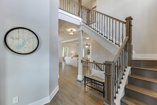 3441 Shoreland Dr, Buford, GA 30518 - staircase with wood finished floors, baseboards, and ceiling fan