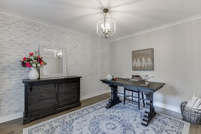 3441 Shoreland Dr, Buford, GA 30518 - office featuring a chandelier, baseboards, wood finished floors, ornamental molding, and brick wall
