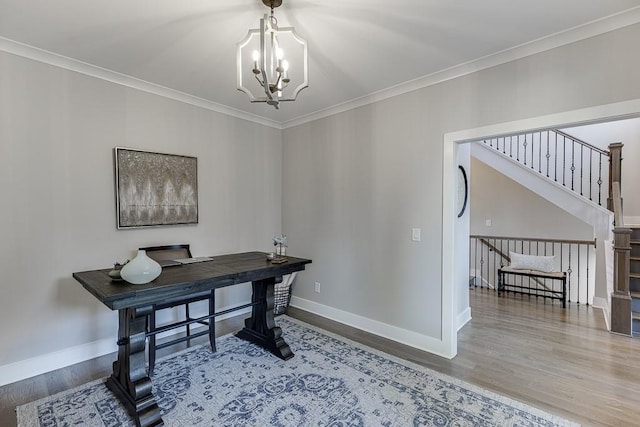 3441 Shoreland Dr, Buford, GA 30518 - office space featuring wood finished floors, baseboards, a chandelier, and ornamental molding
