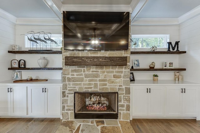 3441 Shoreland Dr, Buford, GA 30518 - detailed view of wood finished floors and a stone fireplace