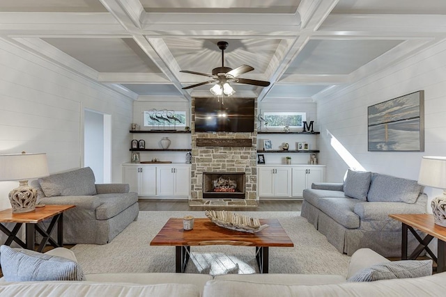 3441 Shoreland Dr, Buford, GA 30518 - living area with coffered ceiling, wood finished floors, a ceiling fan, a fireplace, and beamed ceiling