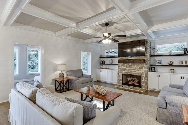 3441 Shoreland Dr, Buford, GA 30518 - living area featuring coffered ceiling, wood finished floors, a fireplace, a ceiling fan, and beamed ceiling