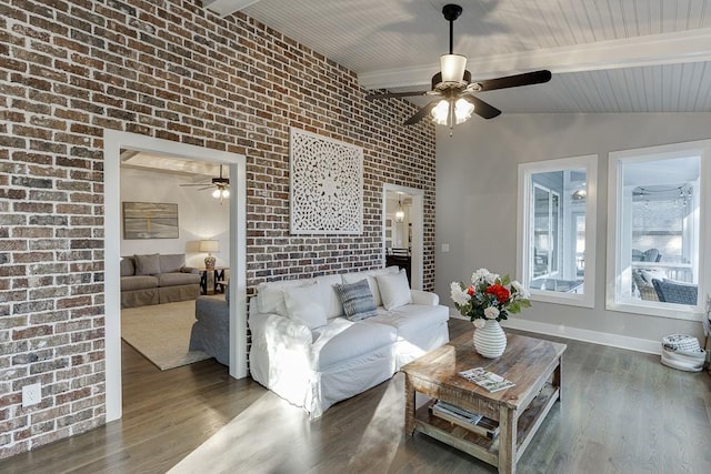 3441 Shoreland Dr, Buford, GA 30518 - living area featuring a ceiling fan, brick wall, wood finished floors, and baseboards