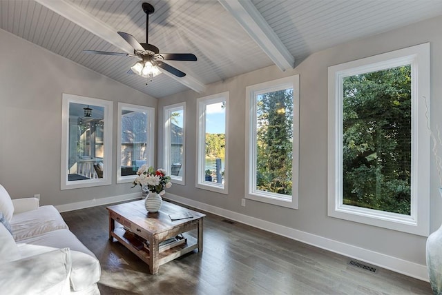 3441 Shoreland Dr, Buford, GA 30518 - living room featuring ceiling fan, baseboards, dark wood finished floors, and wooden ceiling
