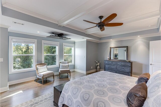 3441 Shoreland Dr, Buford, GA 30518 - bedroom with wood finished floors, ornamental molding, baseboards, recessed lighting, and ceiling fan