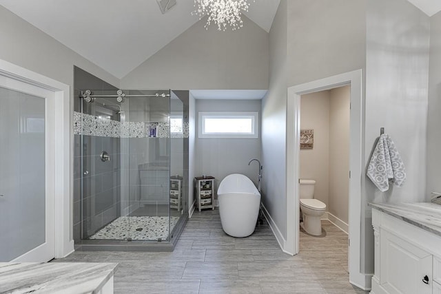 3441 Shoreland Dr, Buford, GA 30518 - full bathroom with a freestanding bath, a stall shower, vanity, toilet, and vaulted ceiling