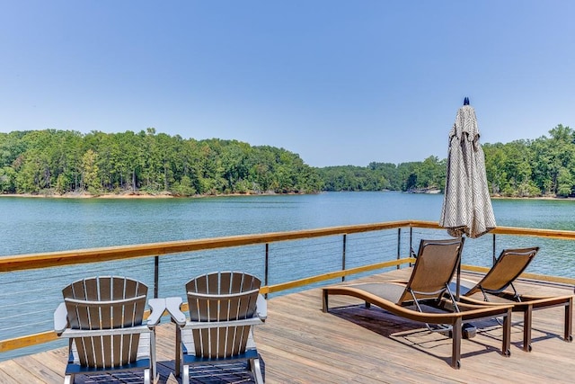 3441 Shoreland Dr, Buford, GA 30518 - wooden deck featuring a water view and a view of trees