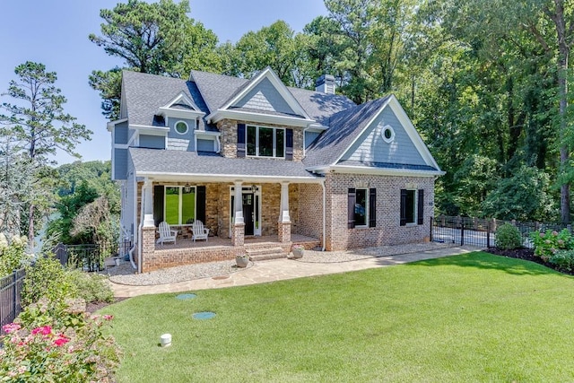 3441 Shoreland Dr, Buford, GA 30518 - view of front facade featuring a porch, a chimney, roof with shingles, and brick siding