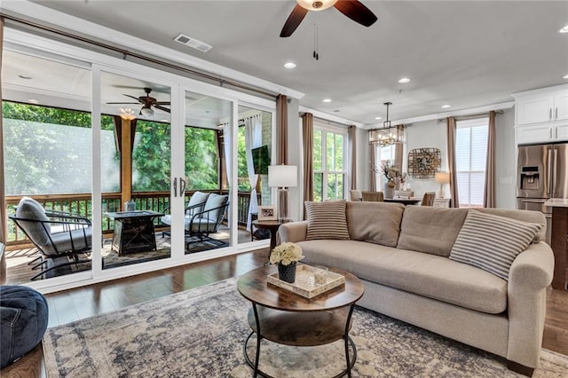 living room featuring dark wood-type flooring and ceiling fan with notable chandelier