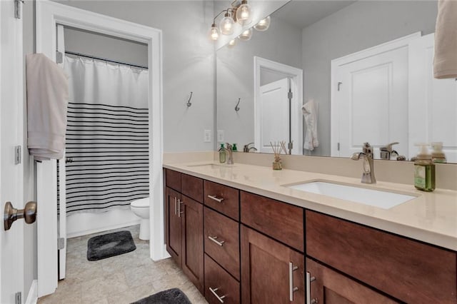 full bathroom with a chandelier, toilet, dual vanity, shower / bathtub combination with curtain, and tile flooring