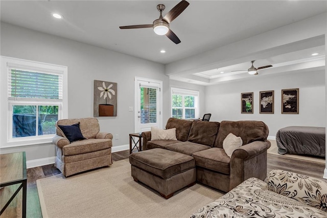 living room featuring ceiling fan, a tray ceiling, and hardwood / wood-style flooring