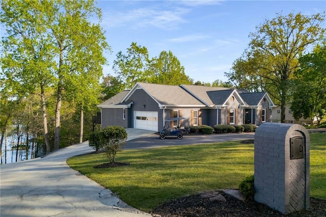 ranch-style home with a garage, aphalt driveway, stucco siding, and a front yard