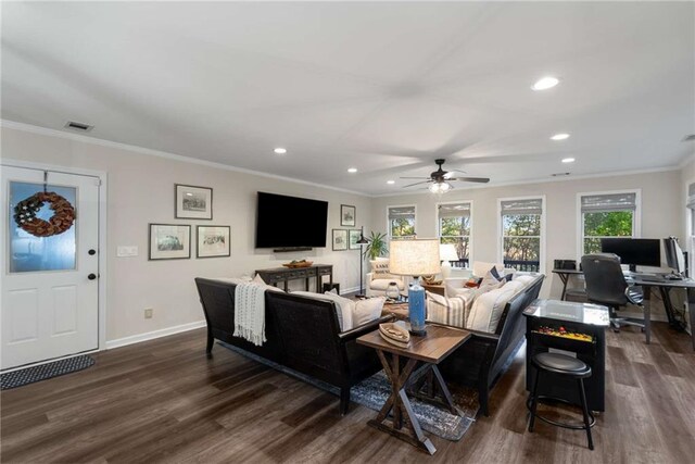 dining room with crown molding, washer and dryer, dark wood-style floors, recessed lighting, and a ceiling fan