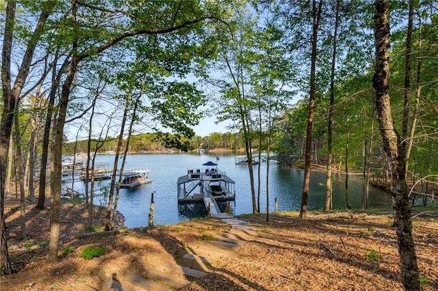 dock area with boat lift and a water view