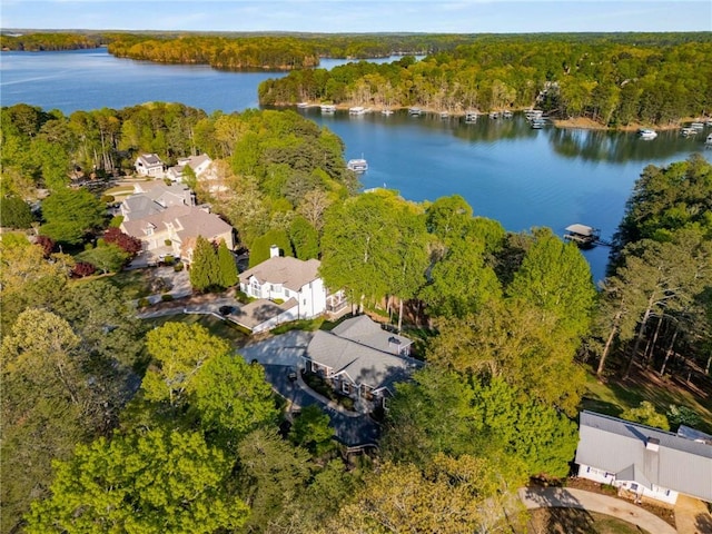 birds eye view of property with a water view and a view of trees