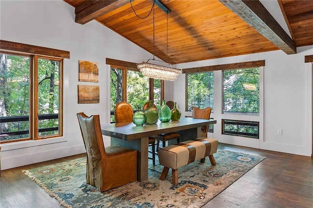 dining space with dark hardwood / wood-style floors, lofted ceiling with beams, an inviting chandelier, and wooden ceiling