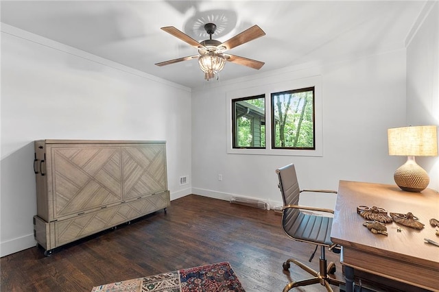 office with crown molding, dark hardwood / wood-style floors, and ceiling fan