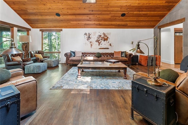 living room featuring wood ceiling, lofted ceiling, and dark hardwood / wood-style floors