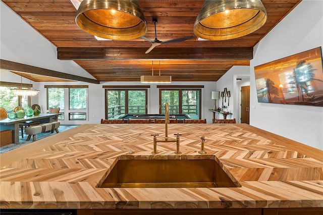 kitchen featuring wood ceiling, lofted ceiling, hanging light fixtures, and sink