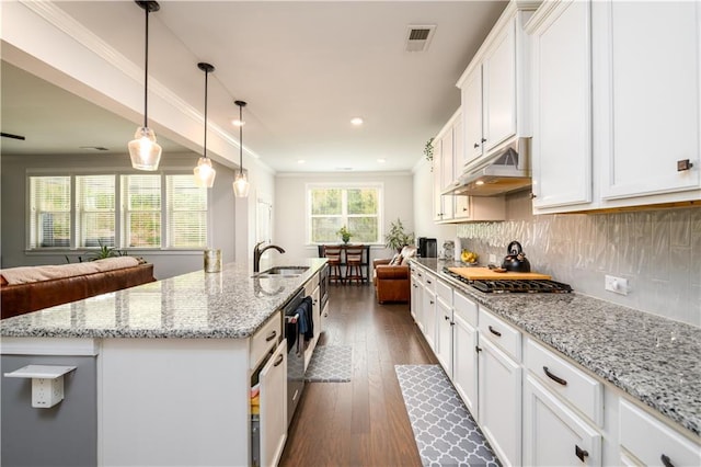 kitchen with under cabinet range hood, stainless steel gas cooktop, a sink, open floor plan, and white cabinetry