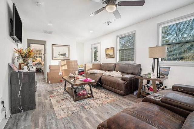 living area featuring visible vents, wood finished floors, and a ceiling fan