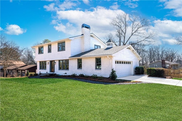 colonial home with an attached garage, brick siding, fence, driveway, and a front lawn