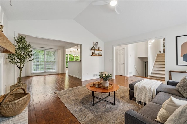 2986 Edenberry Ln NW, Kennesaw, GA 30152 - living area featuring hardwood / wood-style flooring, ceiling fan, stairs, baseboards, and high vaulted ceiling
