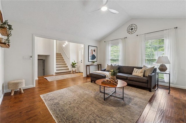 2986 Edenberry Ln NW, Kennesaw, GA 30152 - living area with ceiling fan, stairs, vaulted ceiling, dark wood-style floors, and baseboards
