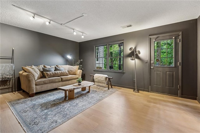 2986 Edenberry Ln NW, Kennesaw, GA 30152 - living room featuring plenty of natural light, a textured ceiling, wood finished floors, rail lighting, and baseboards