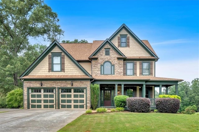 17 River Walk Pkwy, Euharlee, GA 30145 - craftsman inspired home with a front lawn, concrete driveway, stone siding, a garage, and covered porch