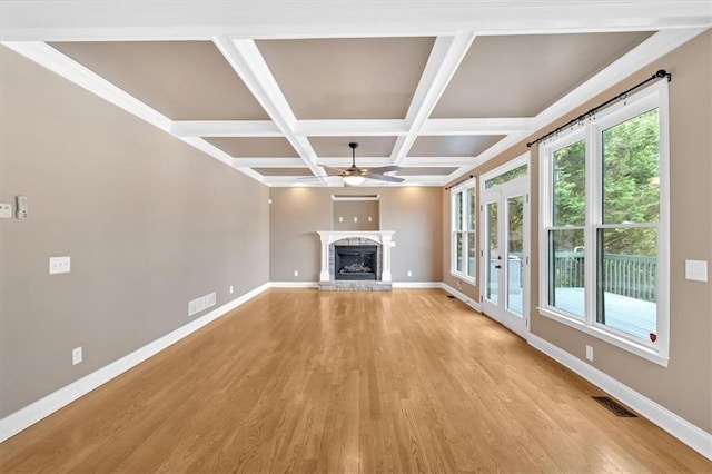 17 River Walk Pkwy, Euharlee, GA 30145 - unfurnished living room featuring ceiling fan, baseboards, light wood finished floors, coffered ceiling, and a fireplace