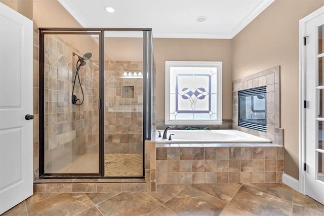 17 River Walk Pkwy, Euharlee, GA 30145 - bathroom with a garden tub, a shower stall, and ornamental molding