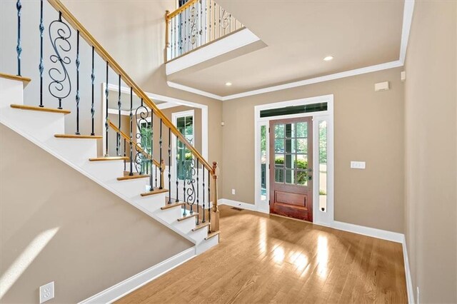 17 River Walk Pkwy, Euharlee, GA 30145 - entryway featuring baseboards, ornamental molding, wood finished floors, stairway, and recessed lighting