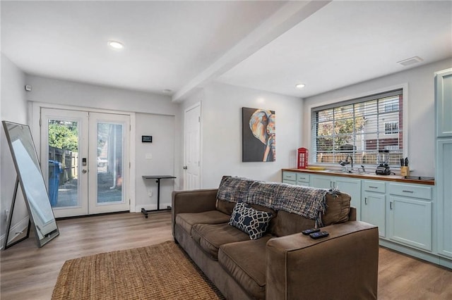 living room with sink, light hardwood / wood-style flooring, a wealth of natural light, and french doors