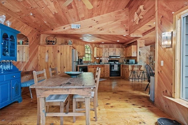 dining space featuring ceiling fan, lofted ceiling, light hardwood / wood-style floors, and wooden ceiling