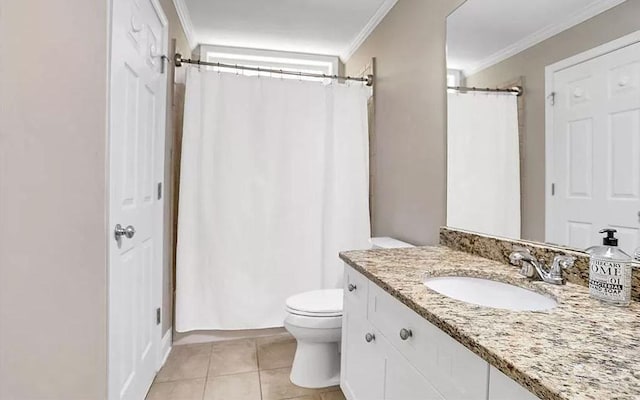 full bathroom with tile patterned floors, toilet, curtained shower, crown molding, and vanity