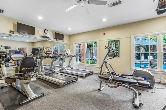 gym with carpet flooring, a wealth of natural light, and ceiling fan