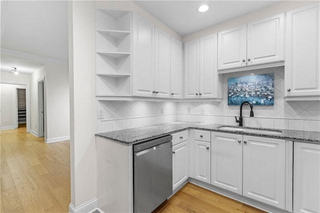 kitchen featuring sink, dishwasher, white cabinetry, tasteful backsplash, and dark stone counters