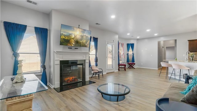 living room featuring sink and light hardwood / wood-style flooring