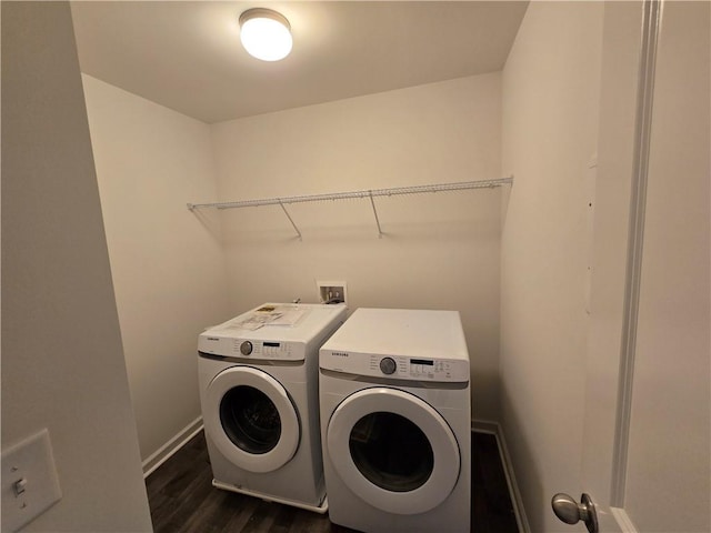 5521 Shallow Branch Dr, Flowery Branch, GA 30542 - laundry room featuring washing machine and clothes dryer, dark wood-style flooring, and baseboards