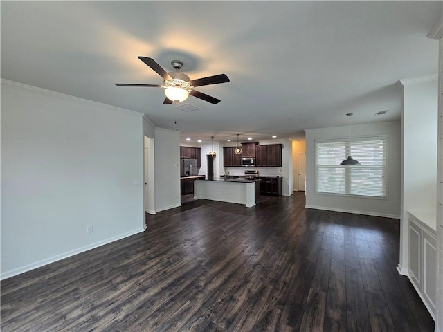 5521 Shallow Branch Dr, Flowery Branch, GA 30542 - unfurnished living room with dark wood-type flooring, ceiling fan, baseboards, recessed lighting, and ornamental molding