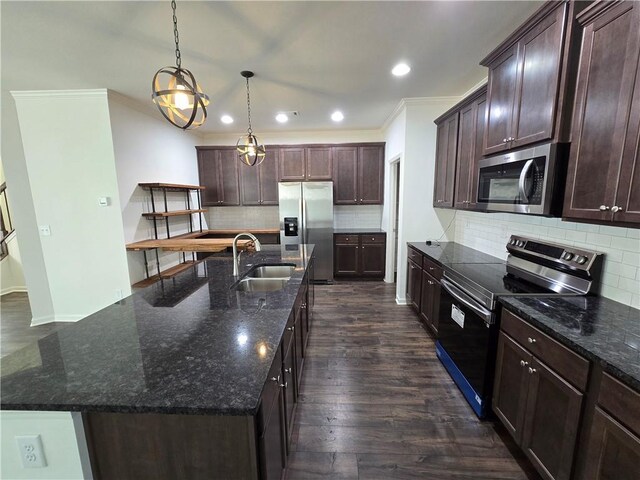 5521 Shallow Branch Dr, Flowery Branch, GA 30542 - kitchen featuring appliances with stainless steel finishes, a sink, tasteful backsplash, crown molding, and dark brown cabinets