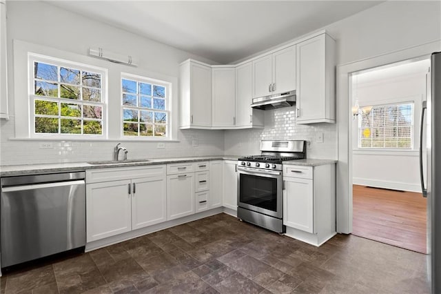 kitchen with light stone counters, a sink, stainless steel appliances, under cabinet range hood, and tasteful backsplash