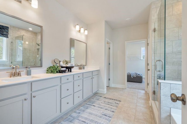5315 Trescott Path, Cumming, GA 30028 - bathroom with a shower stall, double vanity, and tile patterned floors