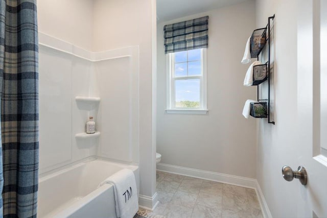 5315 Trescott Path, Cumming, GA 30028 - bathroom with baseboards, toilet, shower / bath combination with curtain, and marble look tiles