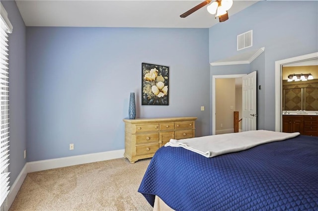 1605 Pavillion Ridge Dr SE, Smyrna, GA 30080 - bedroom featuring light carpet, connected bathroom, a ceiling fan, and high vaulted ceiling