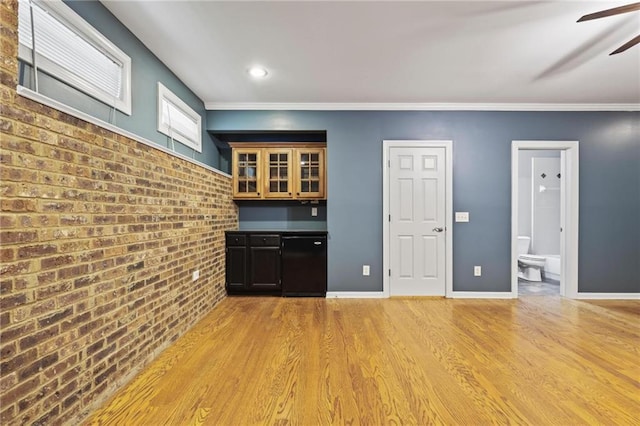 1605 Pavillion Ridge Dr SE, Smyrna, GA 30080 - bar with brick wall, ceiling fan, light wood-type flooring, crown molding, and fridge