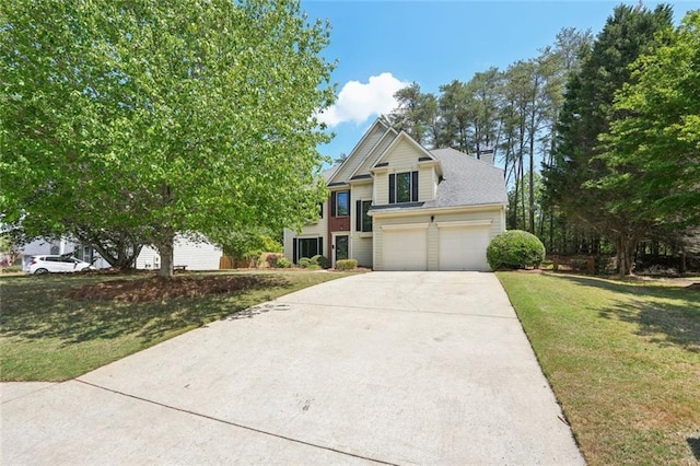 tri-level home featuring a garage, a chimney, concrete driveway, and a front lawn