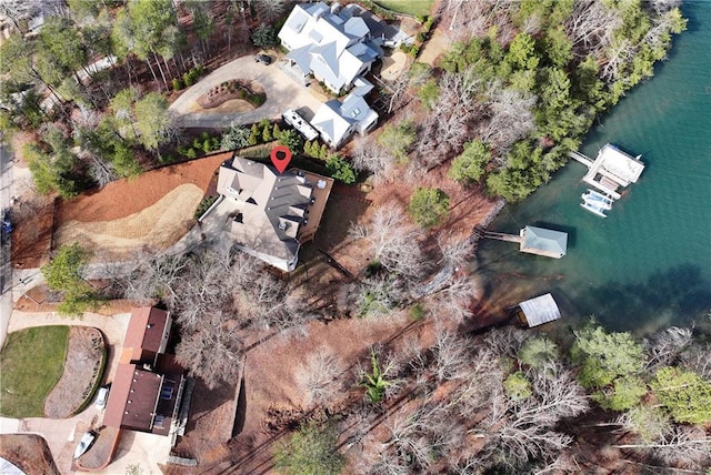 drone / aerial view featuring a water view