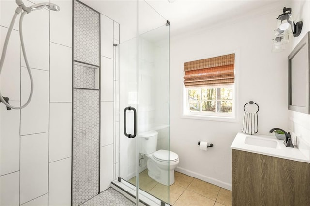 bathroom with vanity, an enclosed shower, tile patterned floors, and toilet